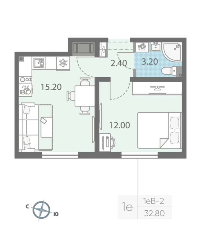 2-комнатная (Евро) квартира, 32.8 м² - планировка, фото №1