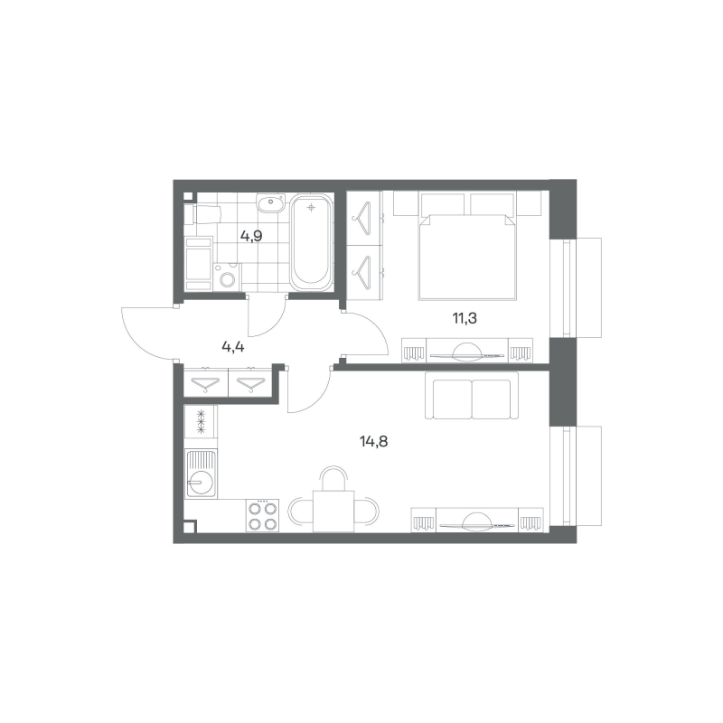 1-комнатная квартира, 35.4 м² в ЖК "Парусная 1" - планировка, фото №1