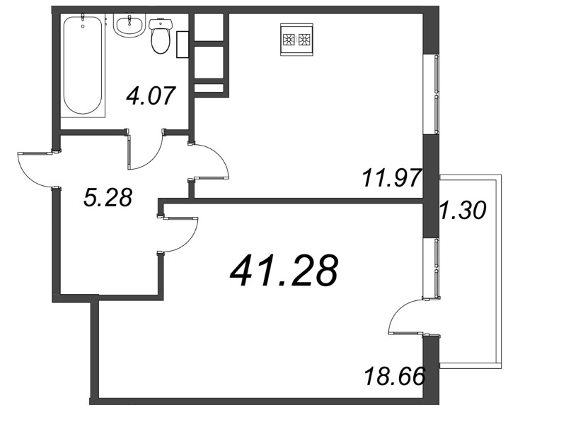 1-комнатная квартира, 41.3 м² в ЖК "Ювента" - планировка, фото №1