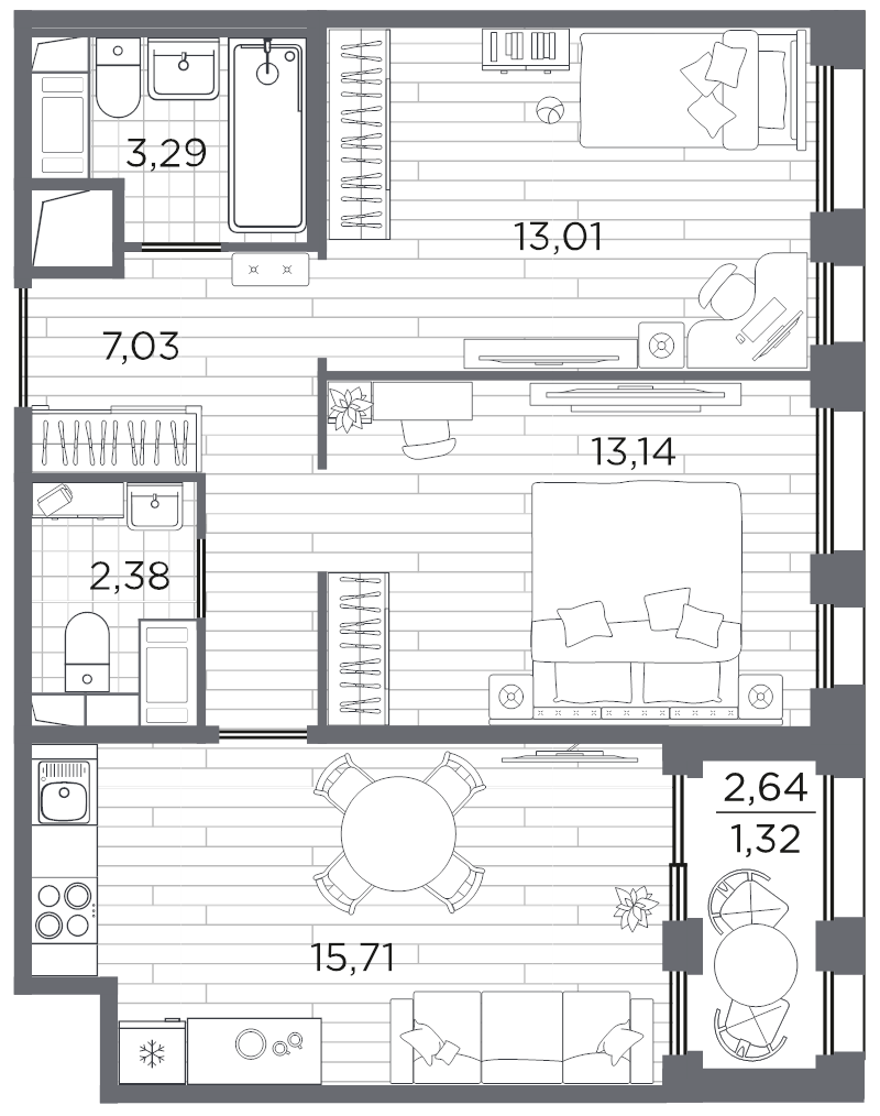 3-комнатная (Евро) квартира, 55.88 м² в ЖК "Respect" - планировка, фото №1