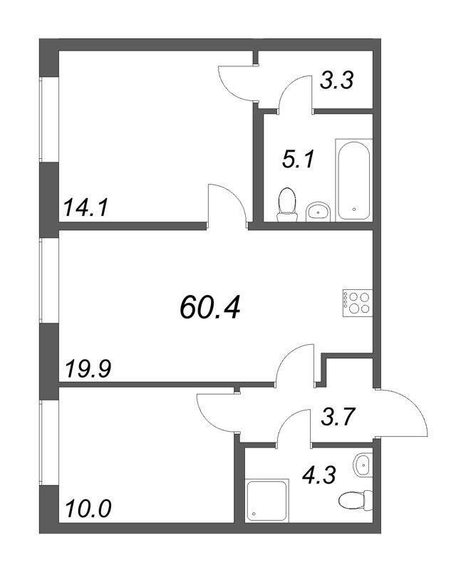 3-комнатная (Евро) квартира, 60.4 м² в ЖК "Парусная 1" - планировка, фото №1