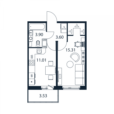 1-комнатная квартира, 33.82 м² в ЖК "Полис ЛАВрики" - планировка, фото №1
