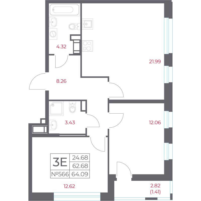 3-комнатная (Евро) квартира, 64.09 м² - планировка, фото №1
