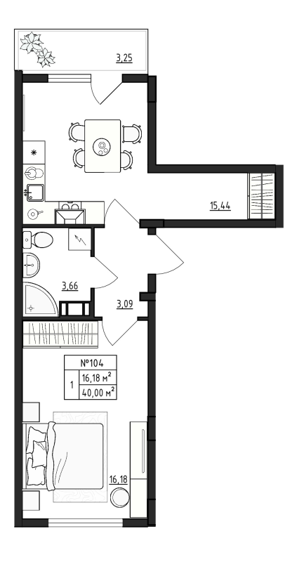 2-комнатная (Евро) квартира, 40 м² в ЖК "Верево Сити" - планировка, фото №1
