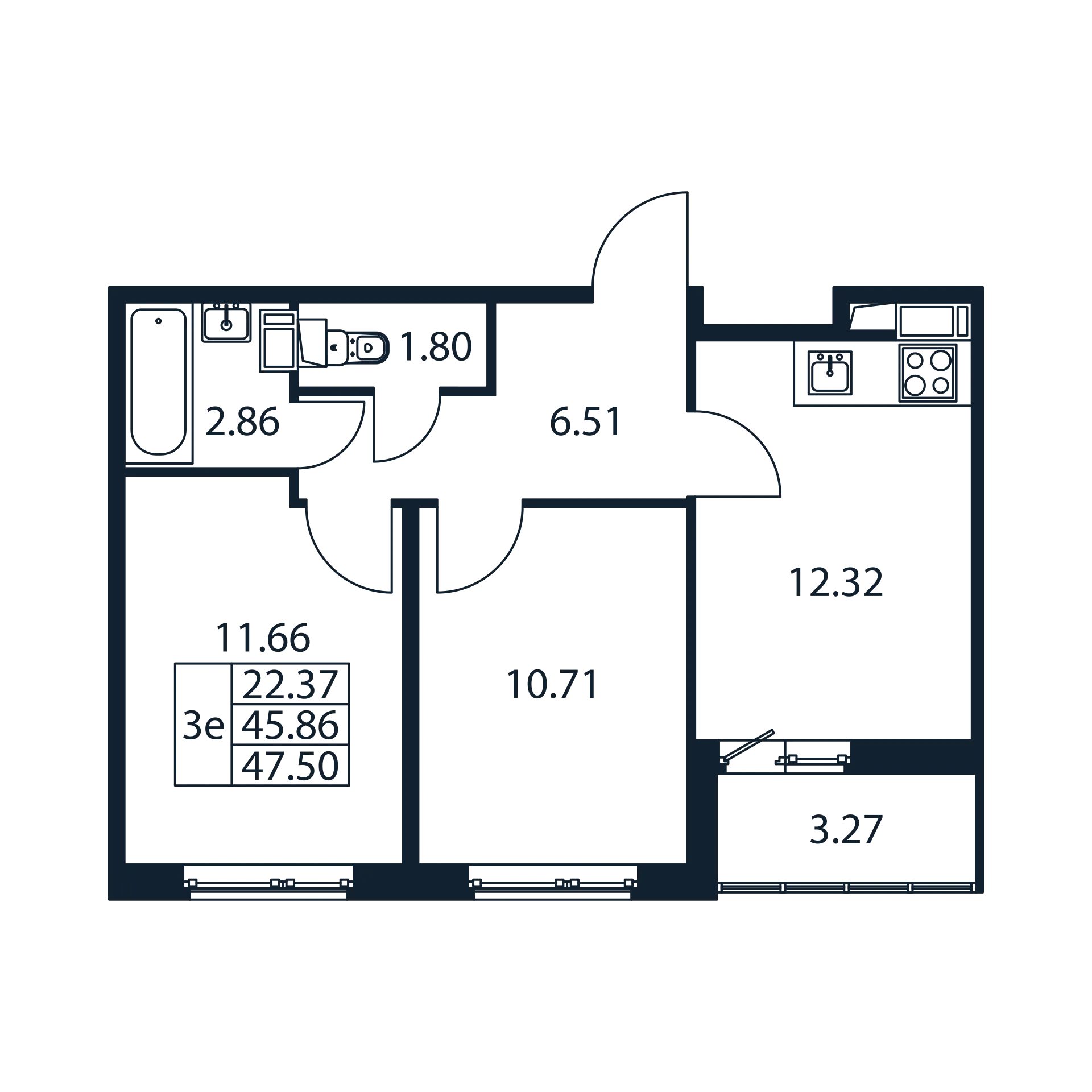 2-комнатная квартира, 45.86 м² - планировка, фото №1