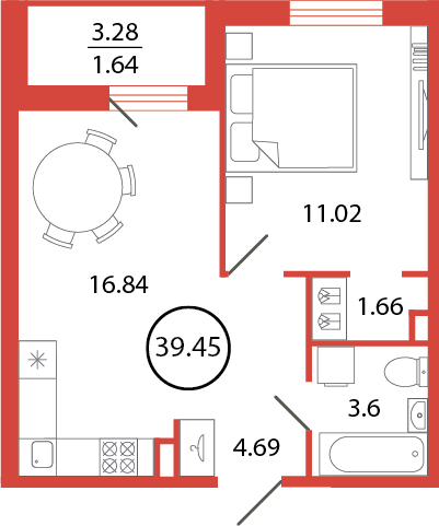 2-комнатная (Евро) квартира, 39.45 м² - планировка, фото №1