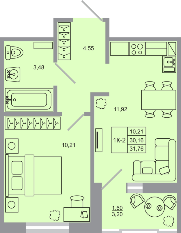 1-комнатная квартира, 31.76 м² в ЖК "Стороны света-2" - планировка, фото №1