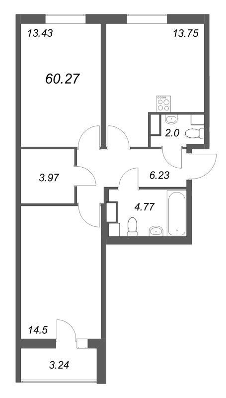 2-комнатная квартира, 60.27 м² в ЖК "Кинопарк" - планировка, фото №1