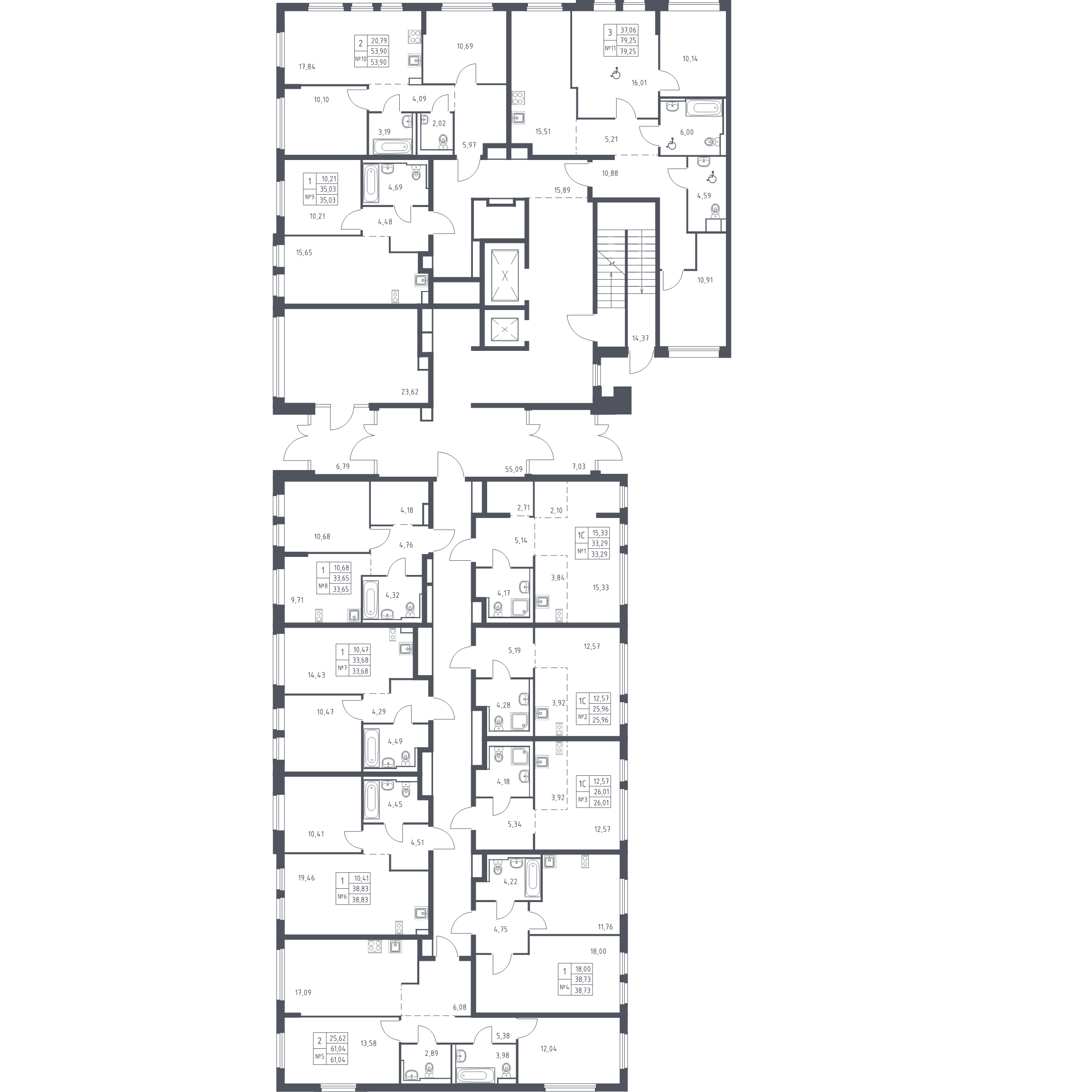 3-комнатная (Евро) квартира, 53.9 м² в ЖК "Новое Колпино" - планировка этажа