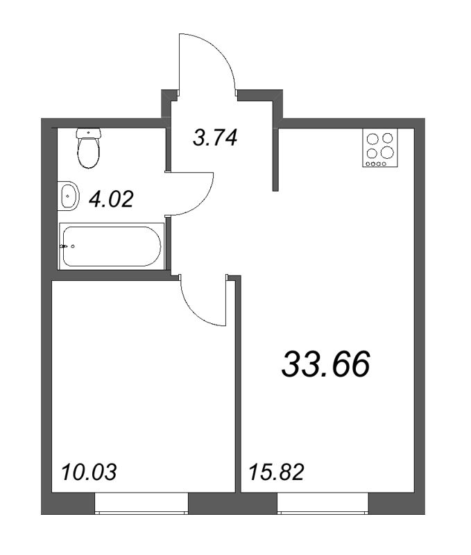 2-комнатная (Евро) квартира, 33.66 м² в ЖК "Новые горизонты" - планировка, фото №1