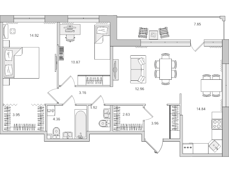 3-комнатная (Евро) квартира, 73.7 м² в ЖК "Dreamline" - планировка, фото №1