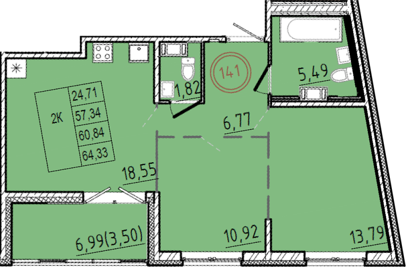 3-комнатная (Евро) квартира, 57.34 м² в ЖК "Образцовый квартал 9.1" - планировка, фото №1
