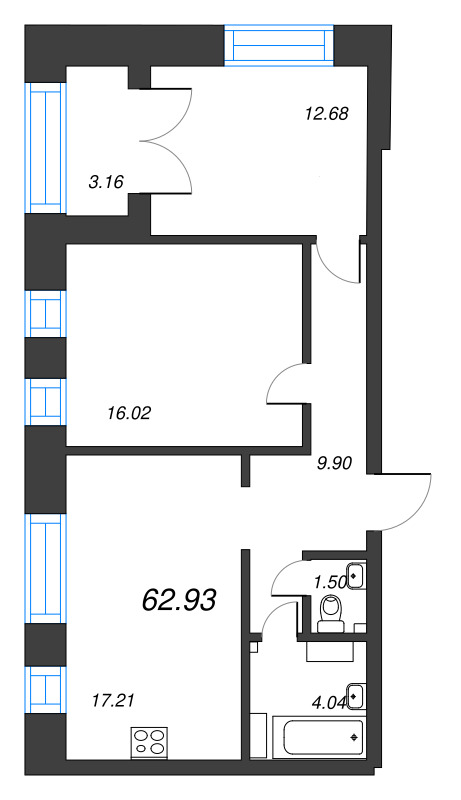 2-комнатная квартира, 62.93 м² - планировка, фото №1
