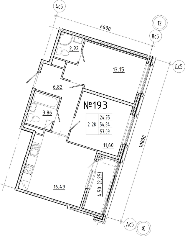 3-комнатная (Евро) квартира, 57.09 м² - планировка, фото №1