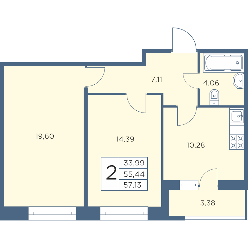 2-комнатная квартира, 57.13 м² - планировка, фото №1