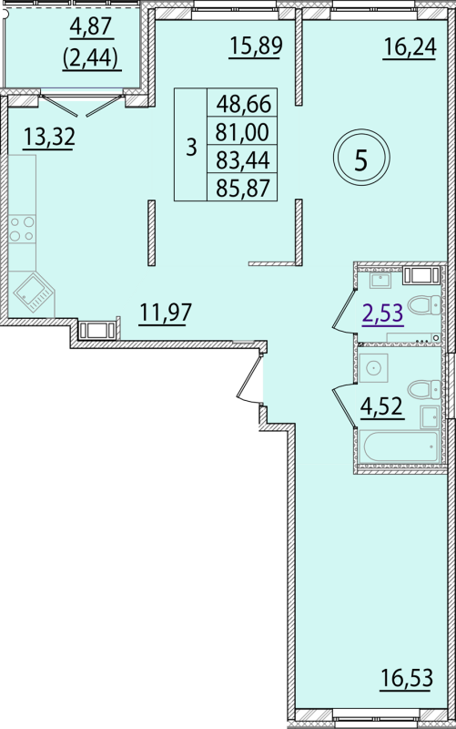 3-комнатная квартира, 81 м² - планировка, фото №1