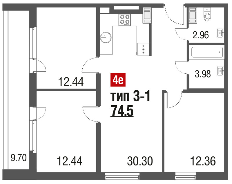 4-комнатная (Евро) квартира, 74.5 м² в ЖК "Русские сезоны" - планировка, фото №1