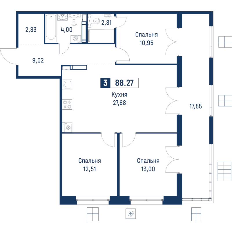 4-комнатная (Евро) квартира, 88.27 м² в ЖК "Символист" - планировка, фото №1