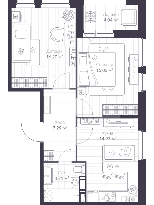 2-комнатная квартира, 60.3 м² - планировка, фото №1