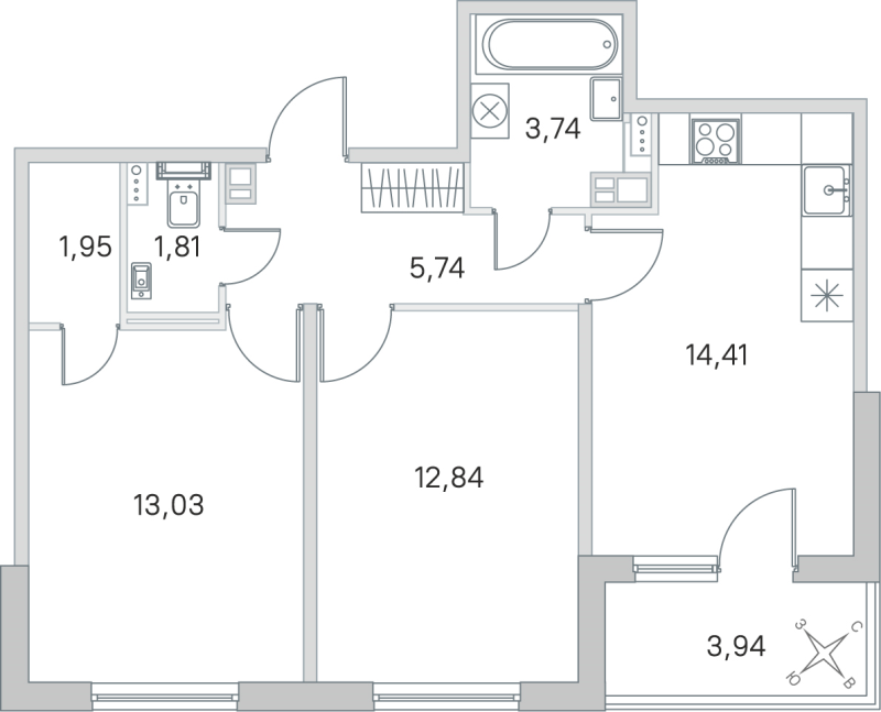 2-комнатная квартира, 53.52 м² в ЖК "Любоград" - планировка, фото №1