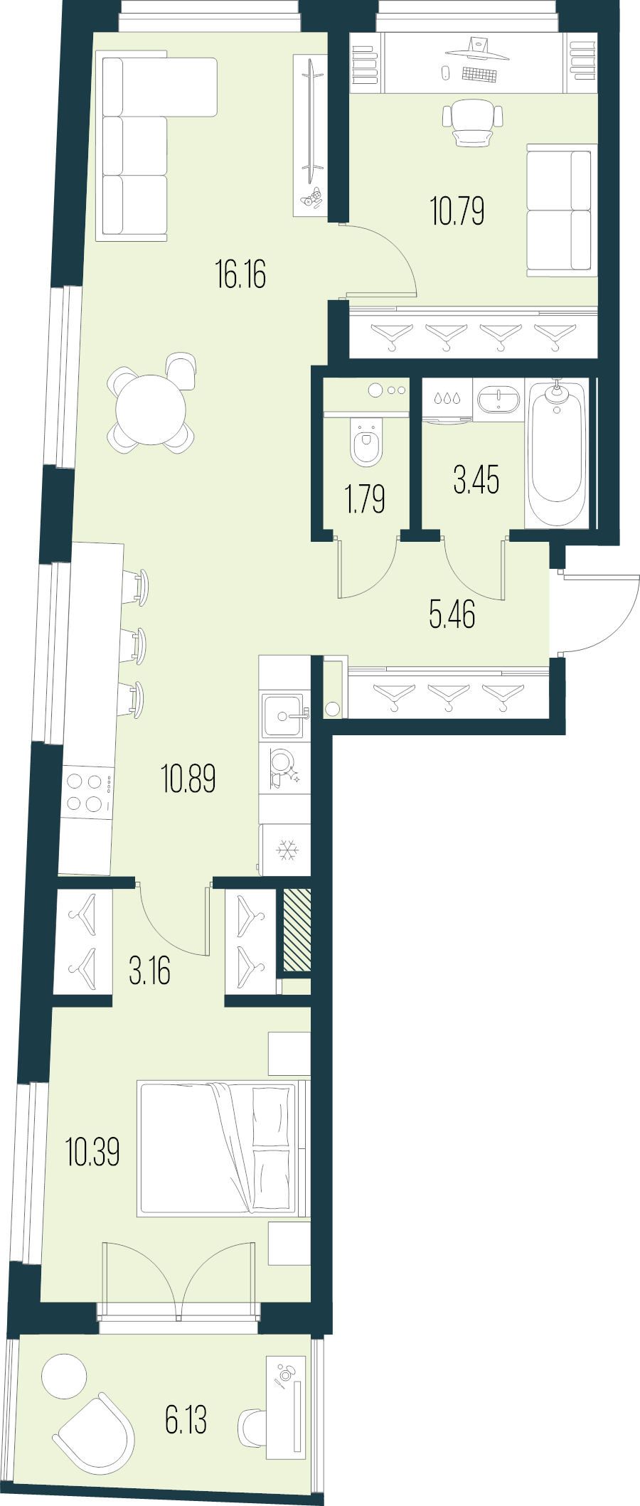 3-комнатная (Евро) квартира, 62.09 м² в ЖК "Новая Земля" - планировка, фото №1