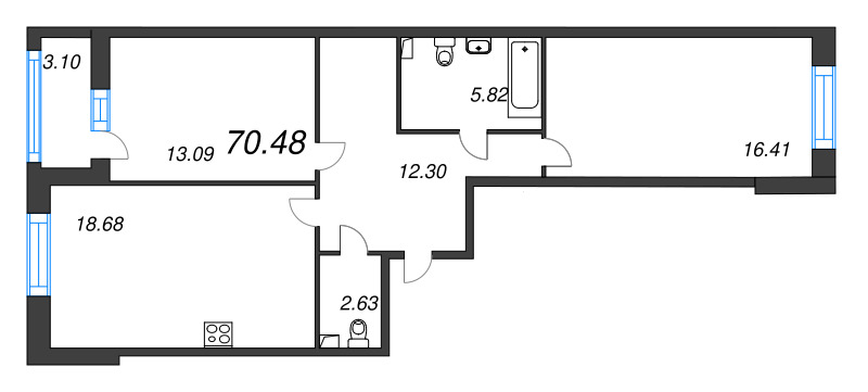 3-комнатная (Евро) квартира, 70.48 м² - планировка, фото №1