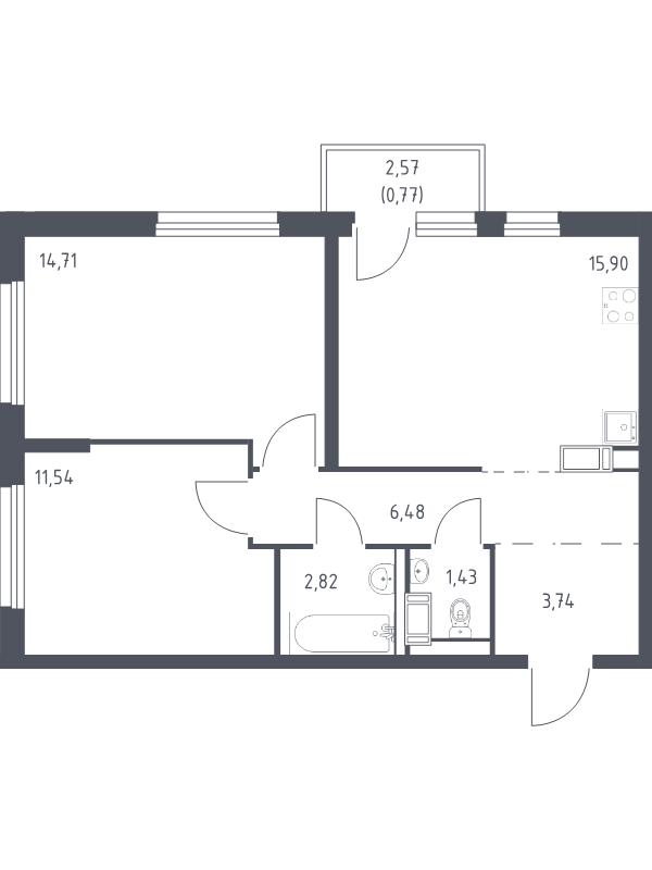 3-комнатная (Евро) квартира, 57.39 м² в ЖК "Квартал Торики" - планировка, фото №1