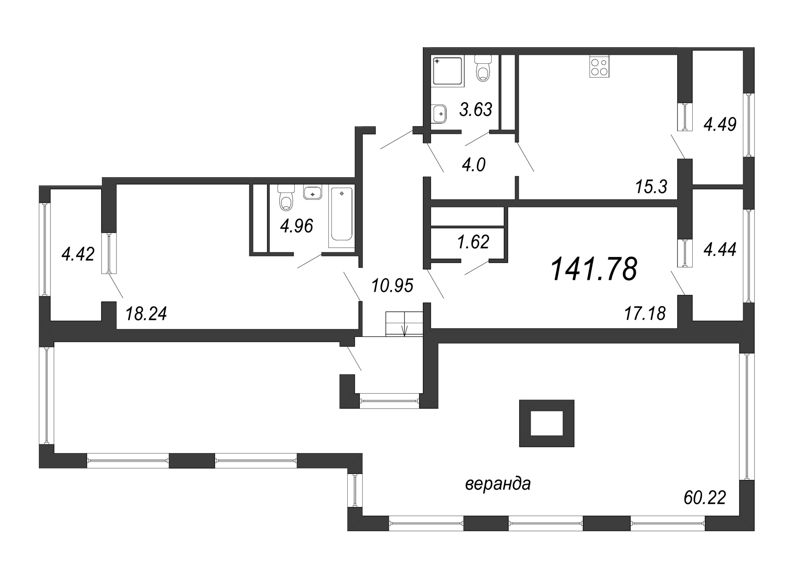 2-комнатная квартира, 142.4 м² - планировка, фото №1