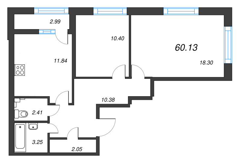 2-комнатная квартира, 60.13 м² - планировка, фото №1