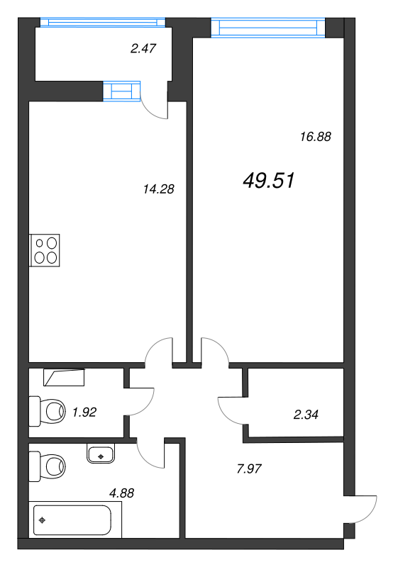 1-комнатная квартира, 49.51 м² - планировка, фото №1