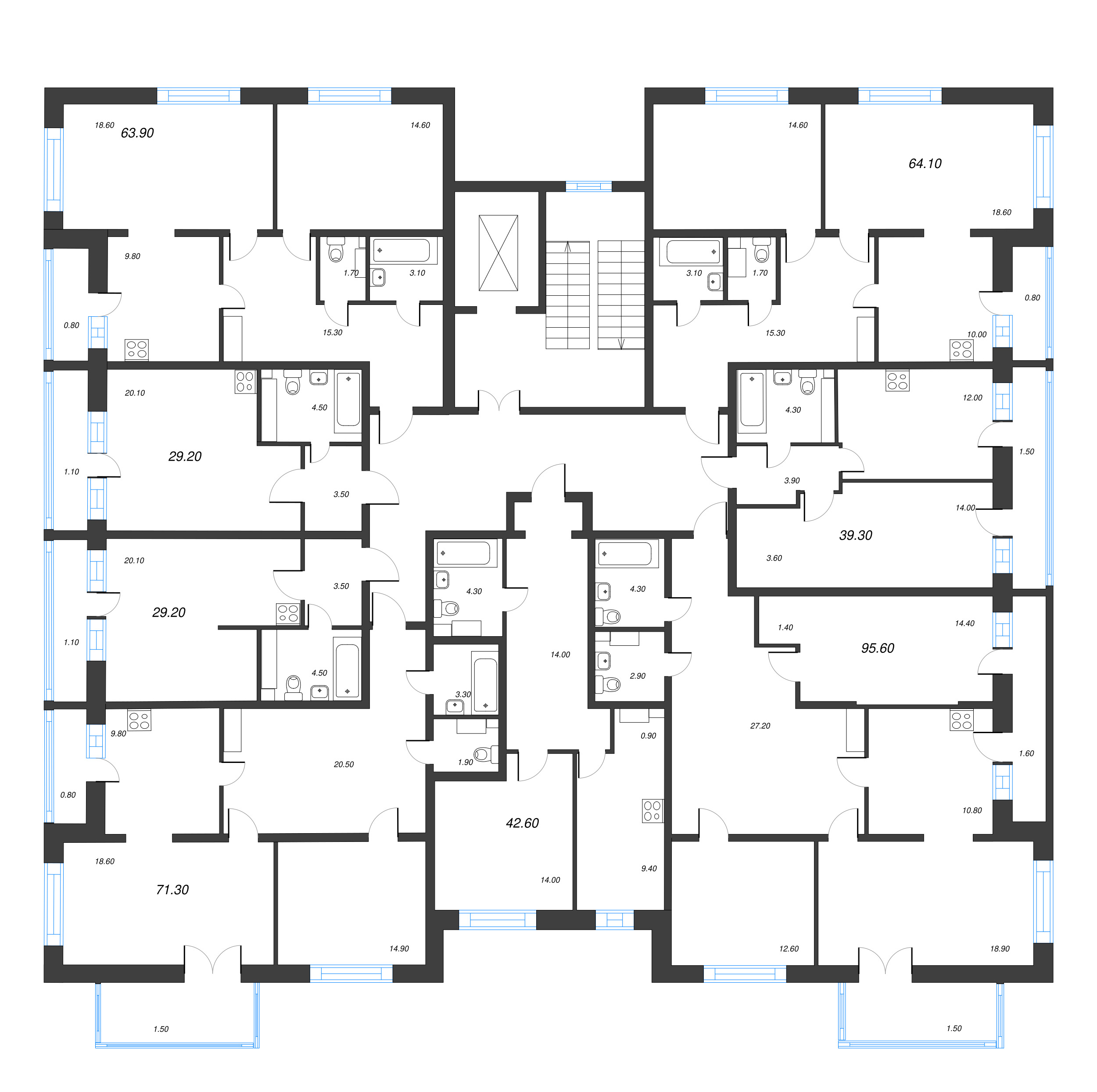 2-комнатная квартира, 63.88 м² - планировка этажа