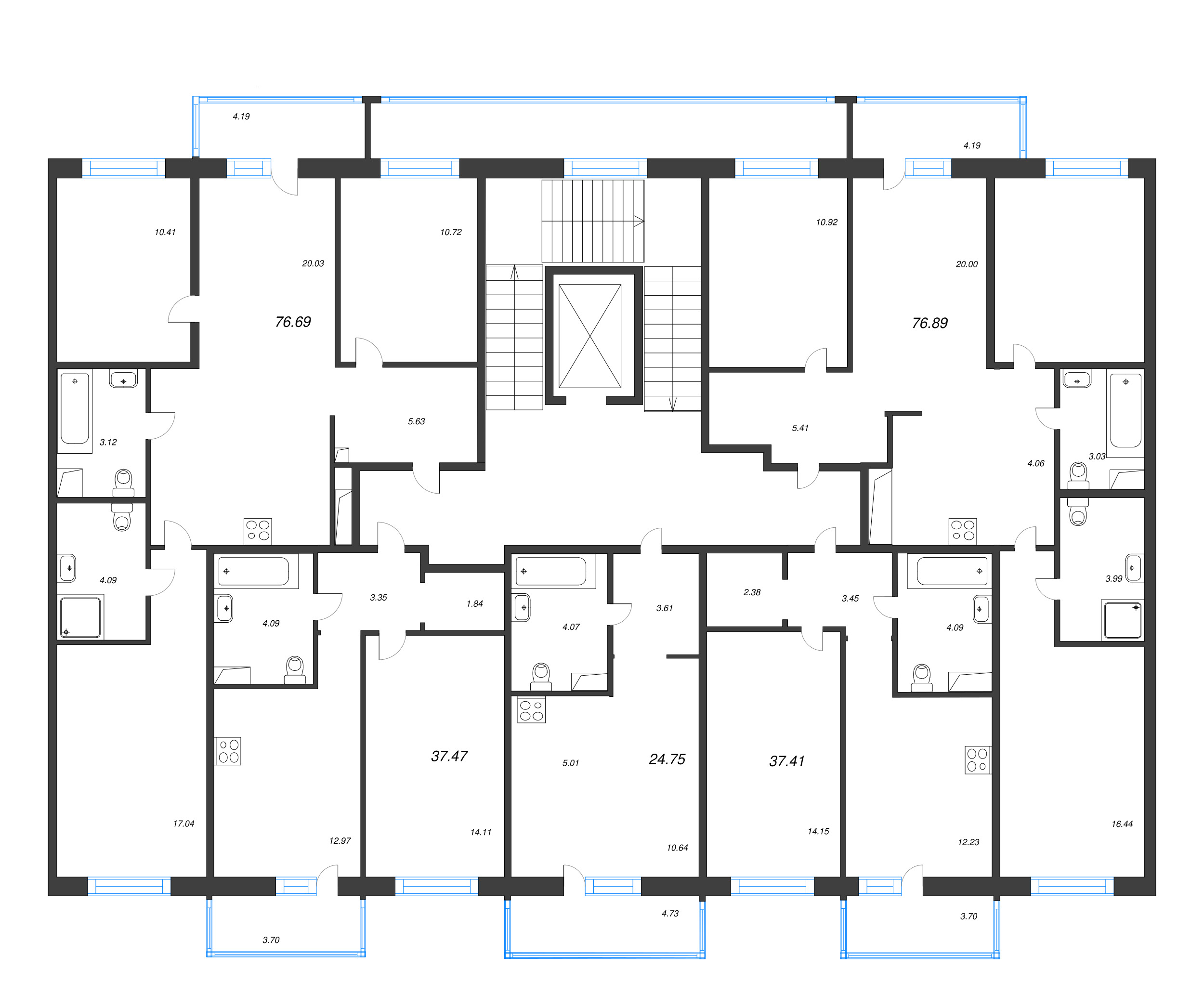 4-комнатная (Евро) квартира, 76.69 м² в ЖК "Окла" - планировка этажа