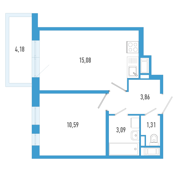 2-комнатная (Евро) квартира, 35.18 м² в ЖК "AEROCITY" - планировка, фото №1