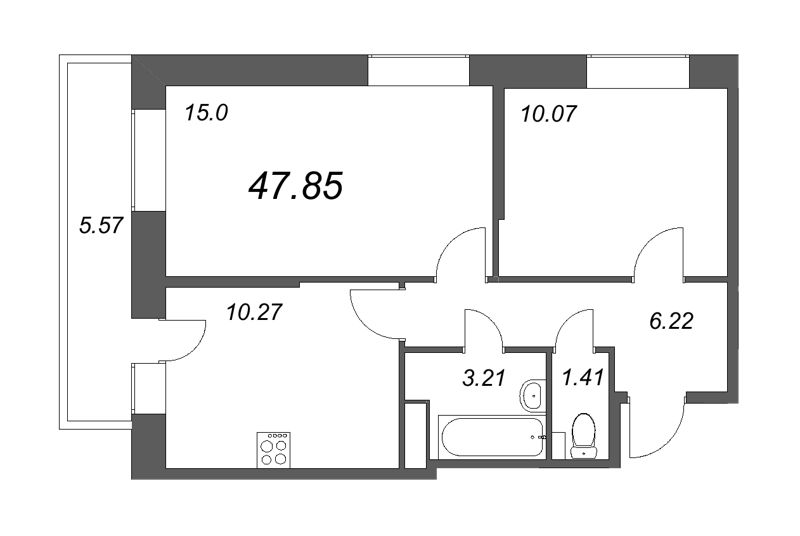 2-комнатная квартира, 47.6 м² - планировка, фото №1