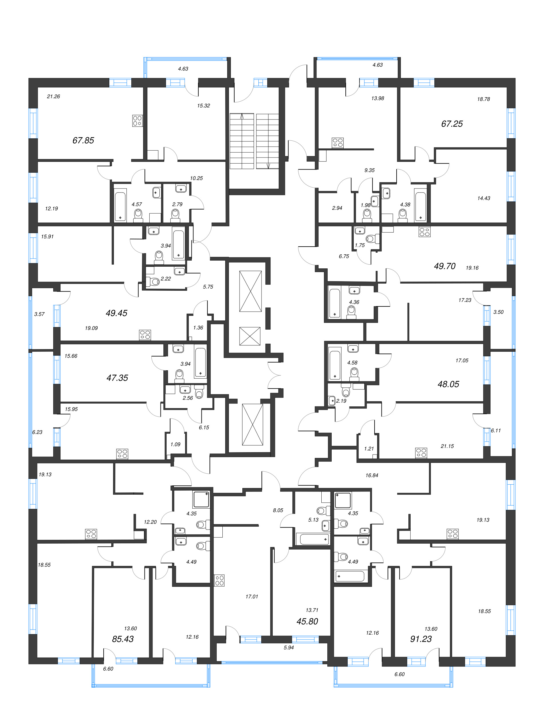 4-комнатная (Евро) квартира, 85.43 м² - планировка этажа