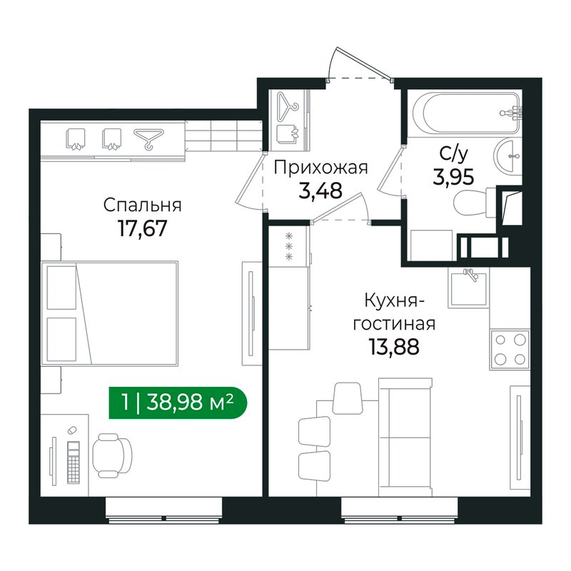1-комнатная квартира, 38.7 м² в ЖК "Сертолово Парк" - планировка, фото №1