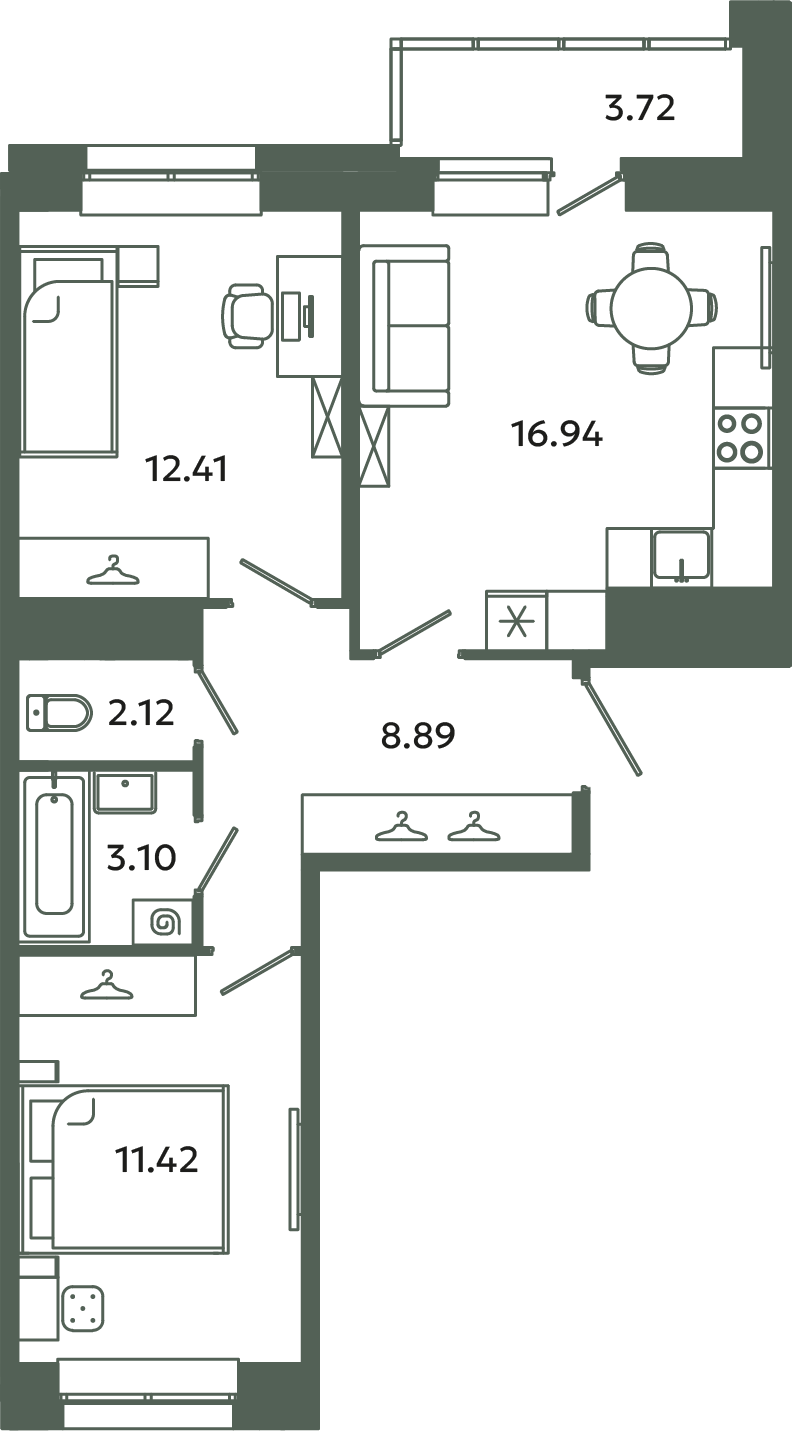 3-комнатная (Евро) квартира, 56.74 м² в ЖК "Загляденье" - планировка, фото №1