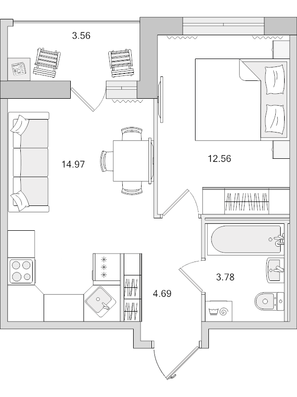 2-комнатная (Евро) квартира, 39.56 м² в ЖК "Dreamline" - планировка, фото №1