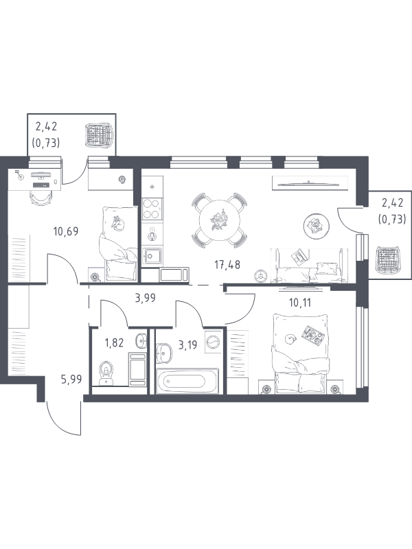 3-комнатная (Евро) квартира, 54.73 м² в ЖК "Новое Колпино" - планировка, фото №1