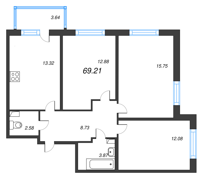 3-комнатная квартира, 69.21 м² - планировка, фото №1