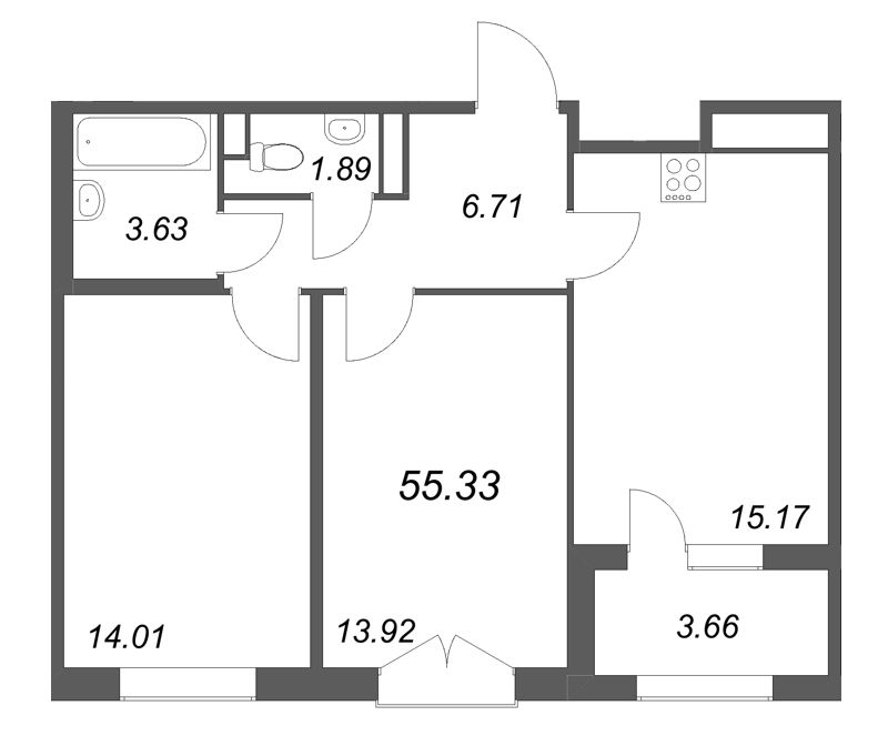 3-комнатная (Евро) квартира, 55.33 м² в ЖК "Дубровский" - планировка, фото №1