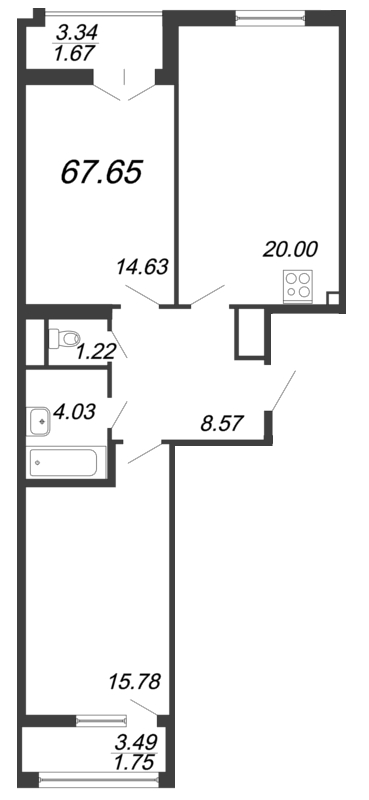 3-комнатная (Евро) квартира, 67.65 м² в ЖК "Дефанс Бизнес" - планировка, фото №1