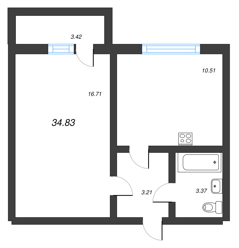 1-комнатная квартира, 34.83 м² - планировка, фото №1