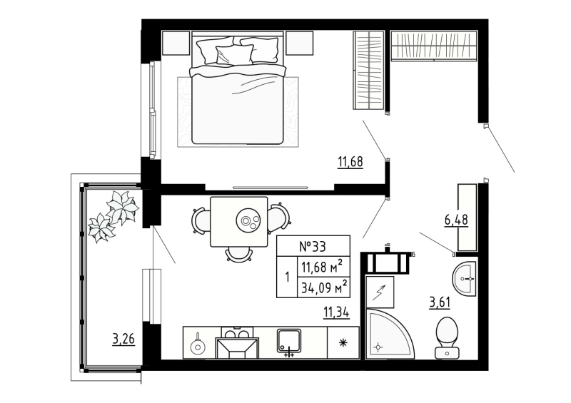 1-комнатная квартира, 34.09 м² - планировка, фото №1
