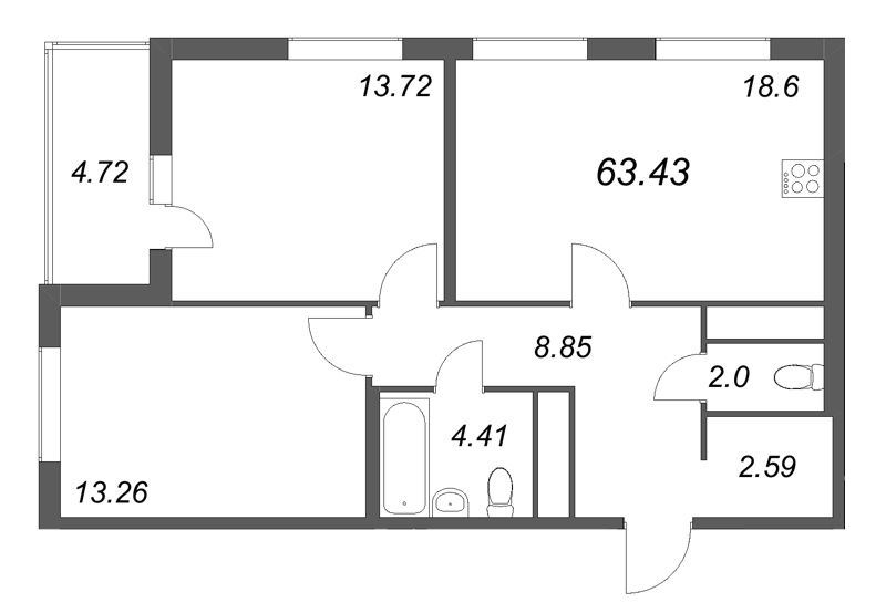 3-комнатная (Евро) квартира, 63.43 м² в ЖК "Ясно.Янино" - планировка, фото №1