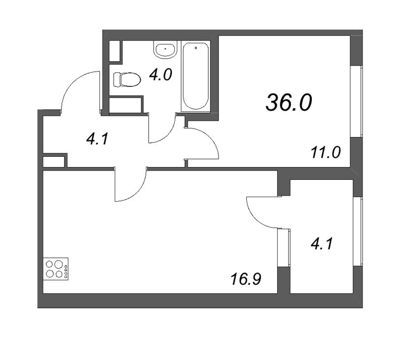 2-комнатная (Евро) квартира, 36 м² в ЖК "ЮгТаун" - планировка, фото №1