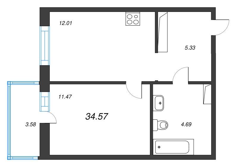 1-комнатная квартира, 34.57 м² в ЖК "OKLA" - планировка, фото №1