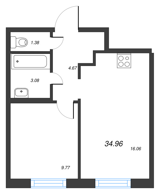 2-комнатная (Евро) квартира, 34.96 м² в ЖК "Старлайт" - планировка, фото №1