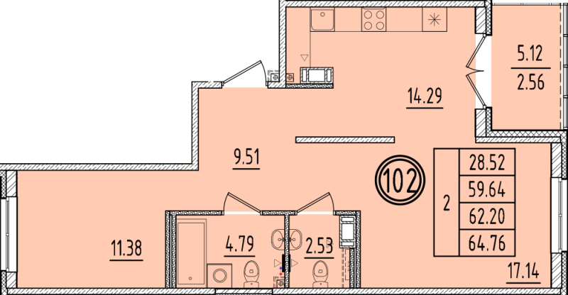 2-комнатная квартира, 59.64 м² - планировка, фото №1