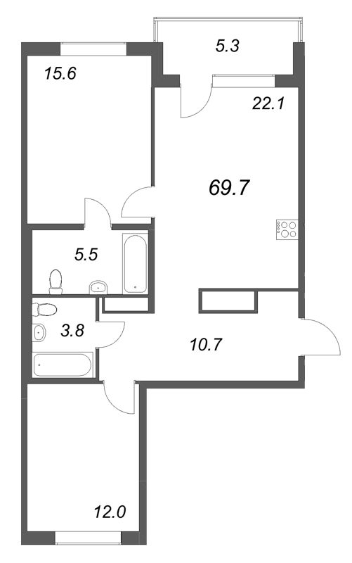 3-комнатная (Евро) квартира, 69.7 м² в ЖК "Передвижники" - планировка, фото №1